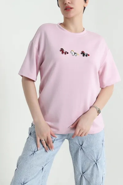 Pembe Nakışlı Modal Kadın Tişört 449610
