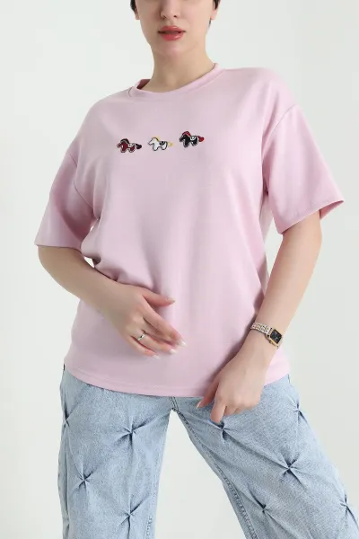 Pembe Nakışlı Modal Kadın Tişört 449610