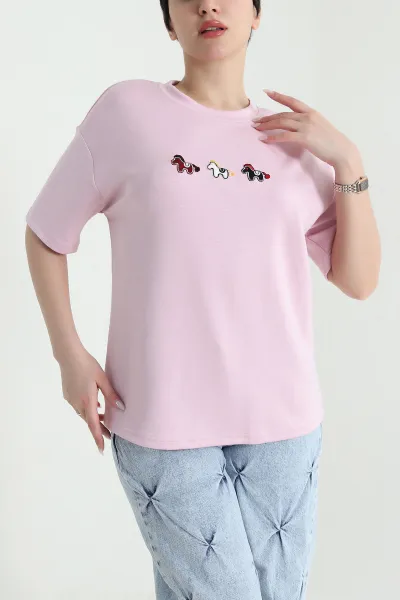 Pembe Nakışlı Modal Kadın Tişört 449610
