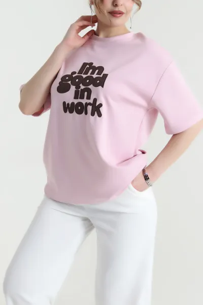 Pembe Nakışlı Modal Kadın Tişört 453100