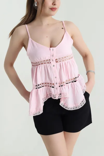 Pembe Nakışlı Müslin Keten Kadın Bluz 465907