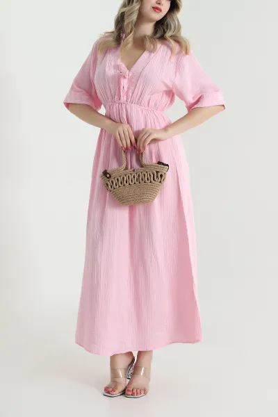 Pembe Nakışlı Müslin Keten Kadın Elbise 475819