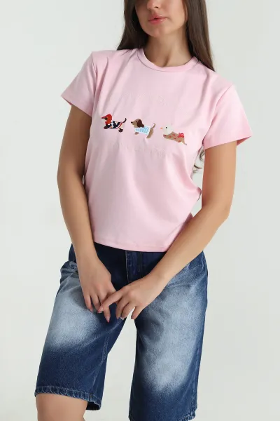 Pembe Nakışlı Oysho Kadın Tişört 474793