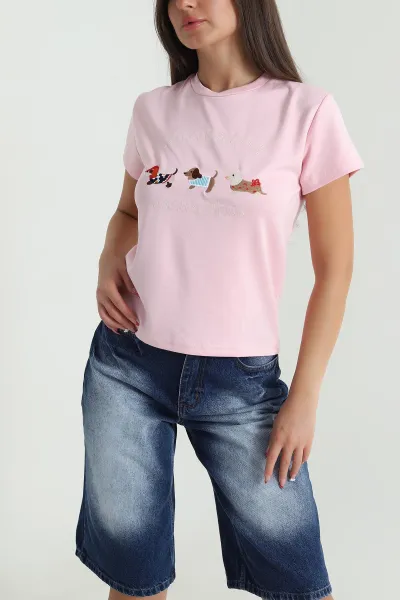 Pembe Nakışlı Oysho Kadın Tişört 474793