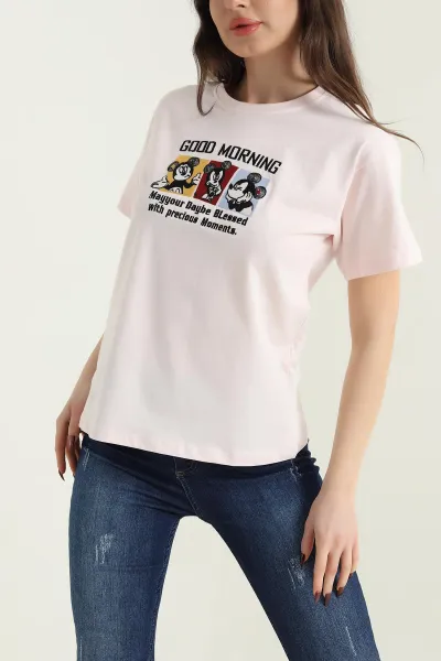 Pembe Nakışlı Tasarım Kadın Tişört 435134