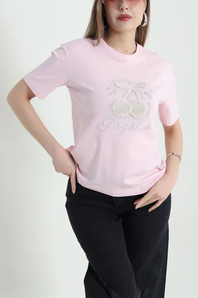 Pembe Nakışlı Taşlı İnterlok Kadın Tişört 439394