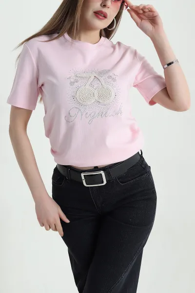 Pembe Nakışlı Taşlı İnterlok Kadın Tişört 439394