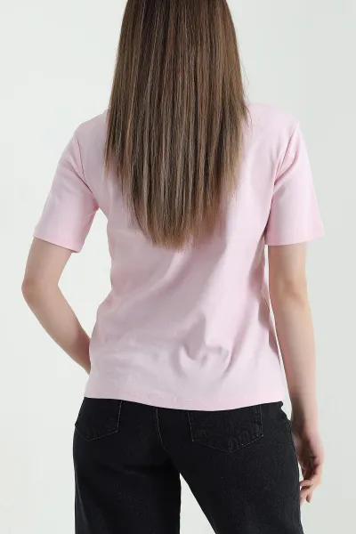 Pembe Nakışlı Taşlı İnterlok Kadın Tişört 439394
