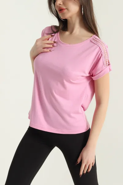 Pembe Omuz Dantelli Viskon Bluz 430027