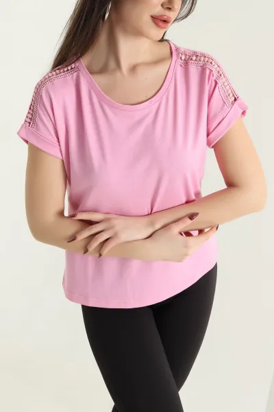 Pembe Omuz Dantelli Viskon Bluz 430027