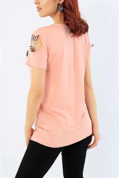 Pembe Omuz Detayı Baskılı Bayan Tişört 31033