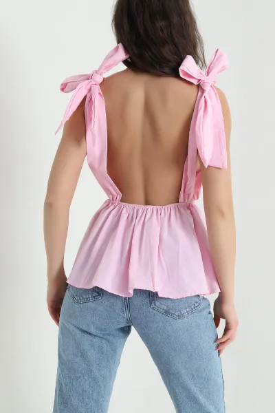 Pembe Omuzdan Bağlamalı Terikoton Kadın Bluz 456508