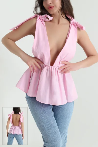 Pembe Omuzdan Bağlamalı Terikoton Kadın Bluz 456508