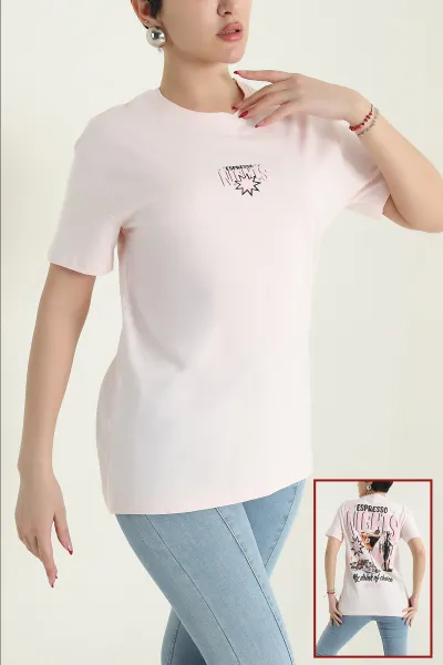 Pembe Ön Arka Baskılı Kadın Tişört 435151