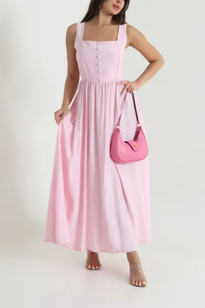 Pembe Ön Arka Kare Yaka Gipeli Kadın Çilek Elbise 468354
