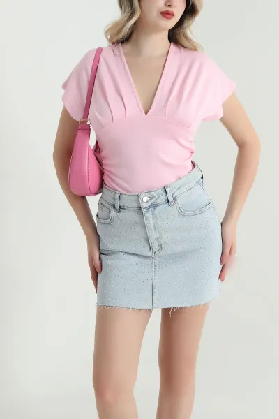 Pembe Ön Pile Detay V Yaka Bluz 466137