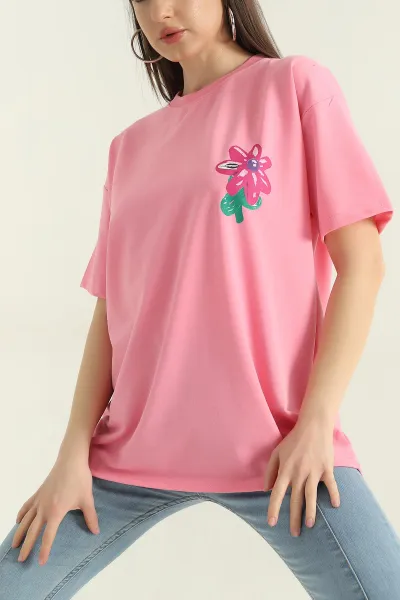 Pembe Ön ve Arka Baskılı İki İp Bisiklet Yaka Kadın Tişört 357317