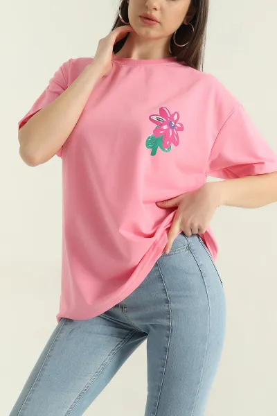 Pembe Ön ve Arka Baskılı İki İp Bisiklet Yaka Kadın Tişört 357317