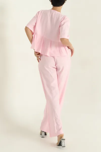 Pembe Önü Bağlamalı Çilek Bluz Pantolon Kadın İkili Takım 360875