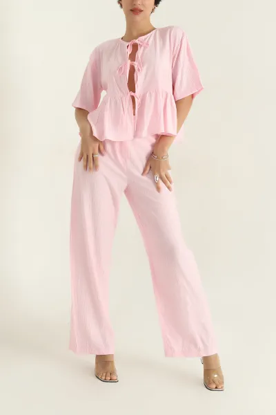 Pembe Önü Bağlamalı Çilek Bluz Pantolon Kadın İkili Takım 360875