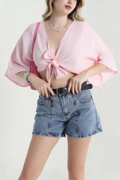 Pembe Önü Bağlamalı Müslin Keten Kadın Bluz 464578