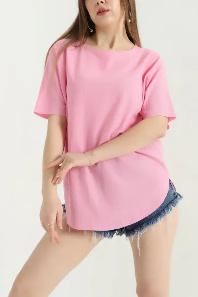 Pembe Oval Kesim Dokulu Tişört 337674