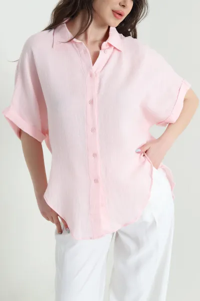 Pembe Oval Kesim Oversize Müslin Keten Kadın Gömlek 447002