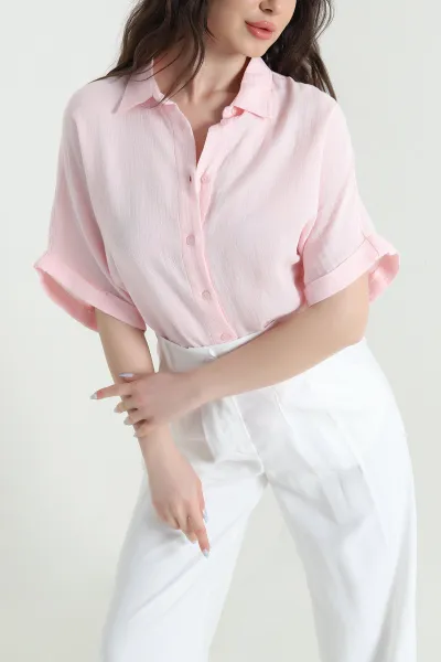 Pembe Oval Kesim Oversize Müslin Keten Kadın Gömlek 447002