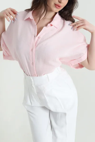 Pembe Oval Kesim Oversize Müslin Keten Kadın Gömlek 447002