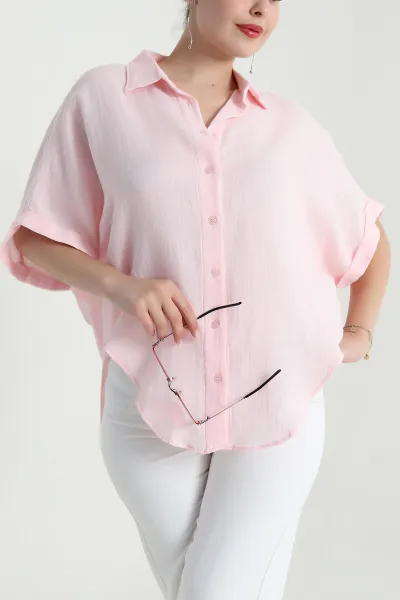 Pembe Oval Kesim Oversize Müslin Keten Kadın Gömlek 480180