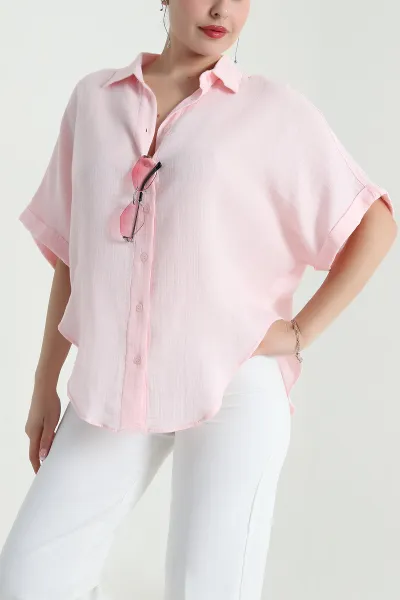 Pembe Oval Kesim Oversize Müslin Keten Kadın Gömlek 480180