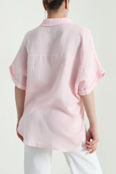 Pembe Oval Kesim Oversize Müslin Keten Kadın Gömlek 480180