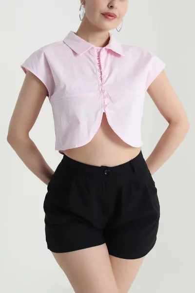 Pembe Oval Kesim Poplin Kadın Crop Gömlek 472291