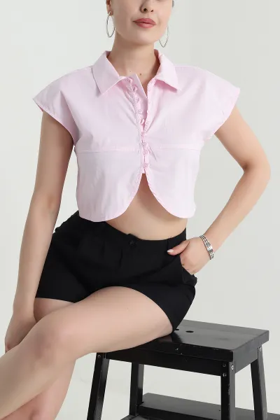 Pembe Oval Kesim Poplin Kadın Crop Gömlek 472291