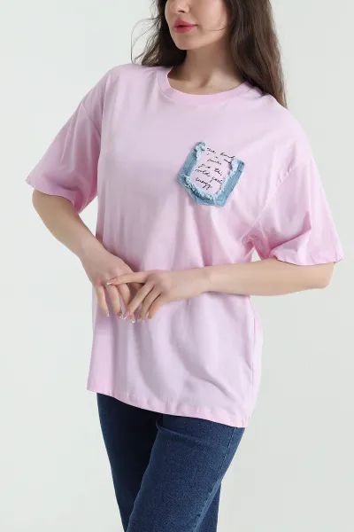 Pembe Oversize Bisiklet Yaka Süprem Kadın Tişört 452516