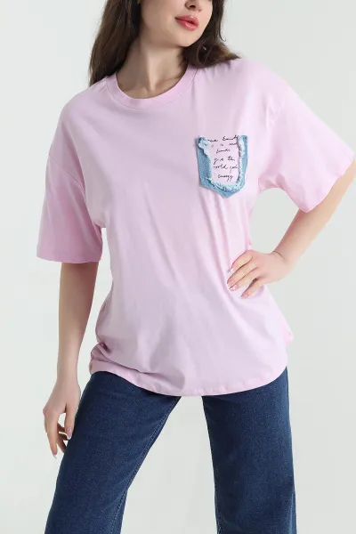 Pembe Oversize Bisiklet Yaka Süprem Kadın Tişört 452516
