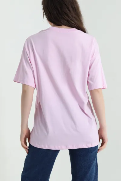 Pembe Oversize Bisiklet Yaka Süprem Kadın Tişört 452516