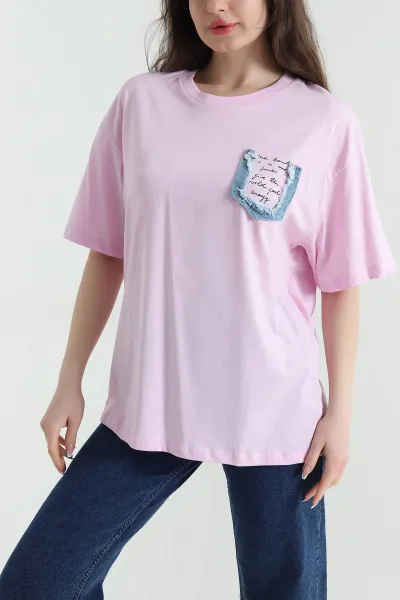 Pembe Oversize Bisiklet Yaka Süprem Kadın Tişört 452516