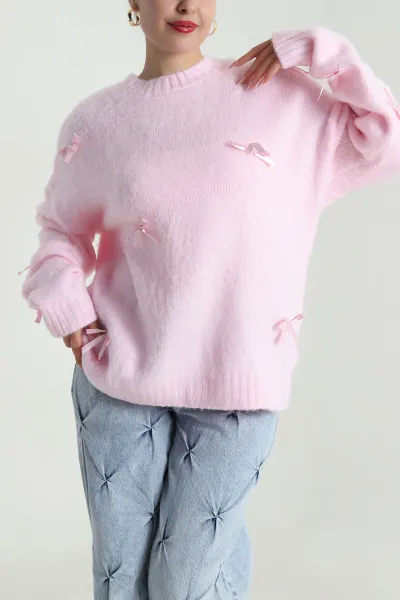 Pembe Oversize Fiyonklu Kadın Triko Kazak 491004