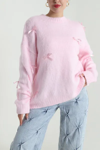 Pembe Oversize Fiyonklu Kadın Triko Kazak 491004