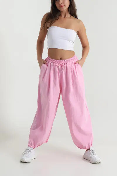 Pembe Paça Pileli Baggy Kadın Pantolon 478811
