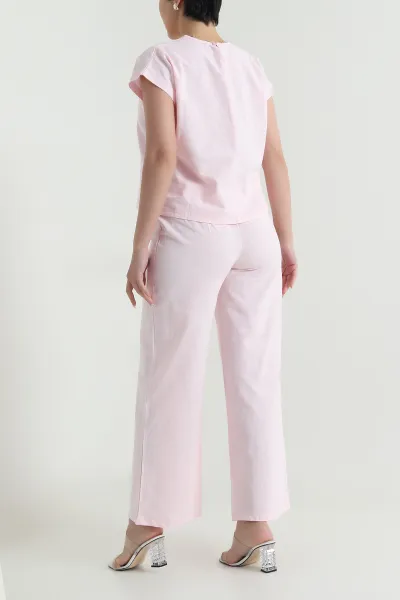 Pembe Pantolon Bluz Keten Kadın İkili Takım 466180