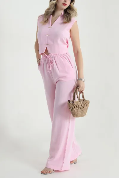 Pembe Pantolon Bluz Keten Kadın İkili Takım 479511