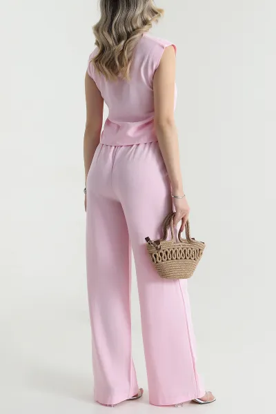 Pembe Pantolon Bluz Keten Kadın İkili Takım 479511