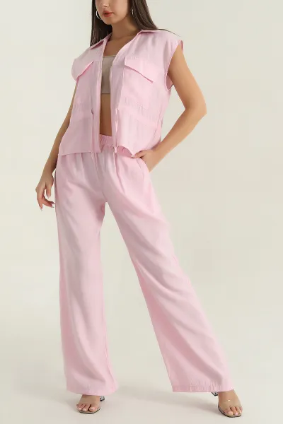 Pembe Pantolon Yelek Tensel Kadın İkili Takım 377849