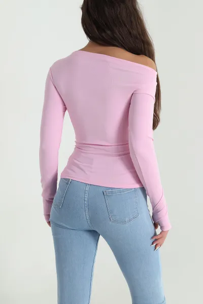 Pembe Parmak Geçmeli Büzgülü Likralı Dalgıç Kadın Bluz 482659