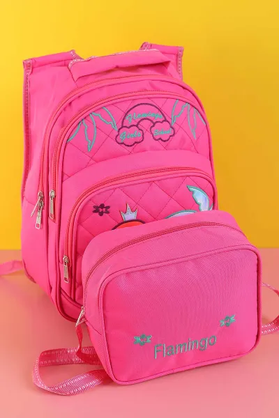 Pembe Peluş Flamingo Kabartma Desenli Beslenme Çantalı İkili Sırt Çantası Seti 288994