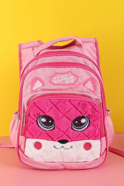 Pembe Peluş Kabartma Desenli Beslenme Çantalı İkili Sırt Çantası Seti 289162