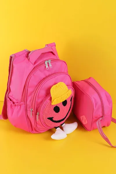 Pembe Peluş Kabartma Desenli Beslenme Çantalı İkili Sırt Çantası Seti 289287
