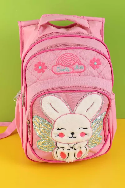 Pembe Peluş Kabartma Desenli Beslenme Çantalı İkili Sırt Çantası Seti 290026